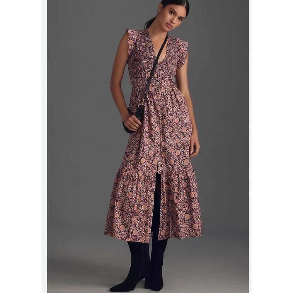 Anthropologie Peregrine Pink Floral Midi Dress